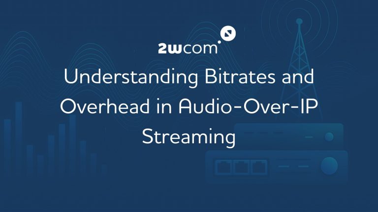Futuristic illustration of audio waveforms, broadcasting infrastructure, and network devices representing bitrates in modern Audio-over-IP streaming.